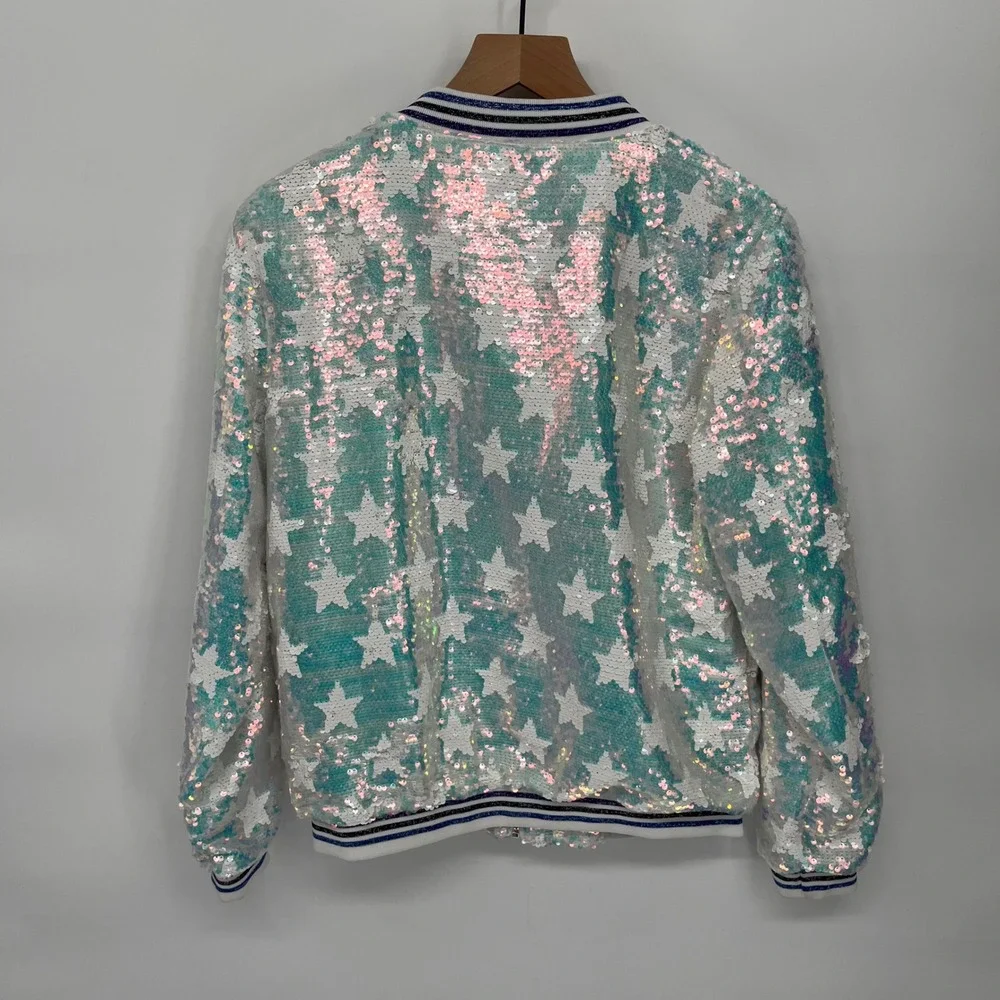 Lola + the Boys Sequins Star Bomber Jacket Kids Large White Iridescent Shimmer